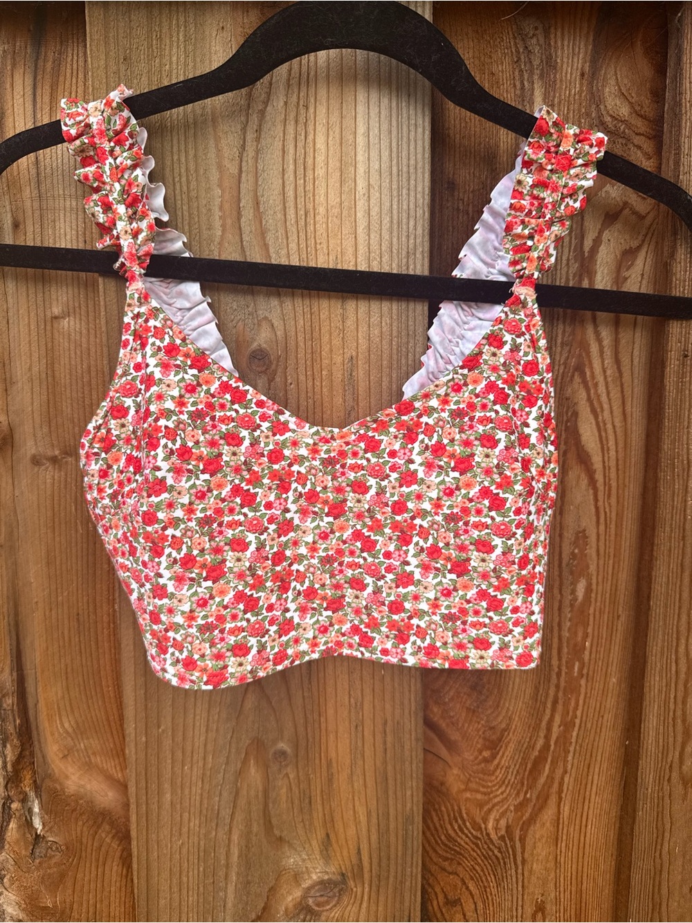 aerie Red Floral Ruffle Strap Bikini Top